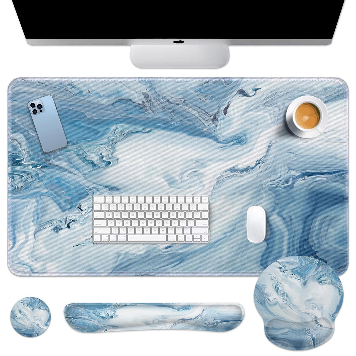 Arttown Keyboard Mouse Pad Set, 4 in 1 Desk Mat Set Marble Abstract