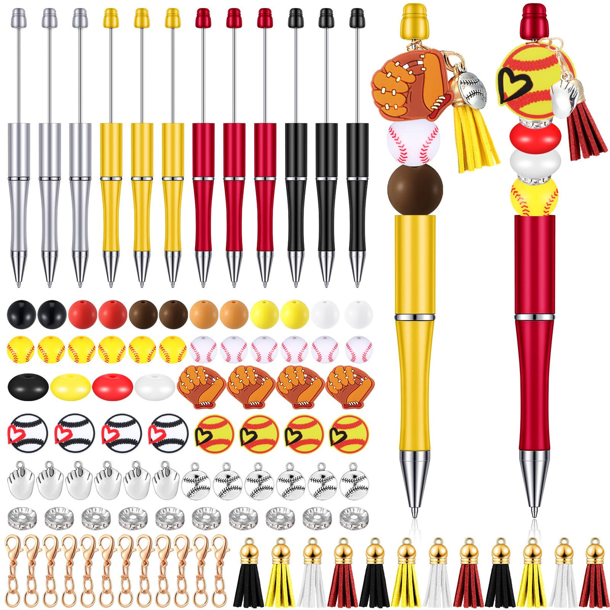 Jutom 12 Pcs Sports Beadable Pens Plastic Baseball Bead Pens Included 50 Pcs Colorful Beads 12