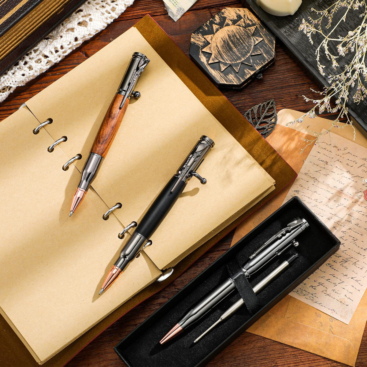 Crtiin 3 Sets Bolt Bullet Pens for Men, Wood Gray Black
