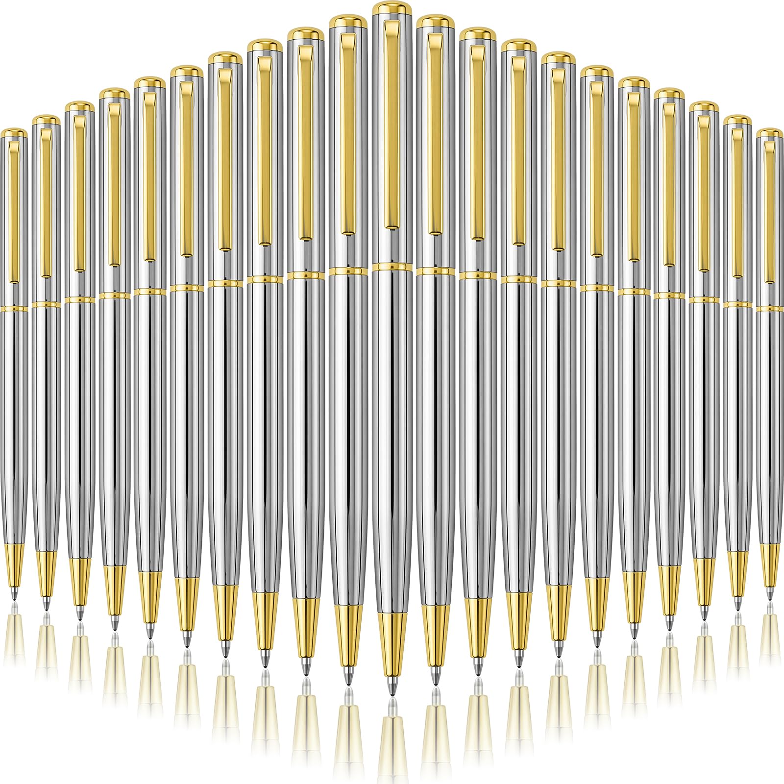 Zonon 50 Pieces Silver Gold Metal Slim Ballpoint Pens Bulk, 1mm Black Ink