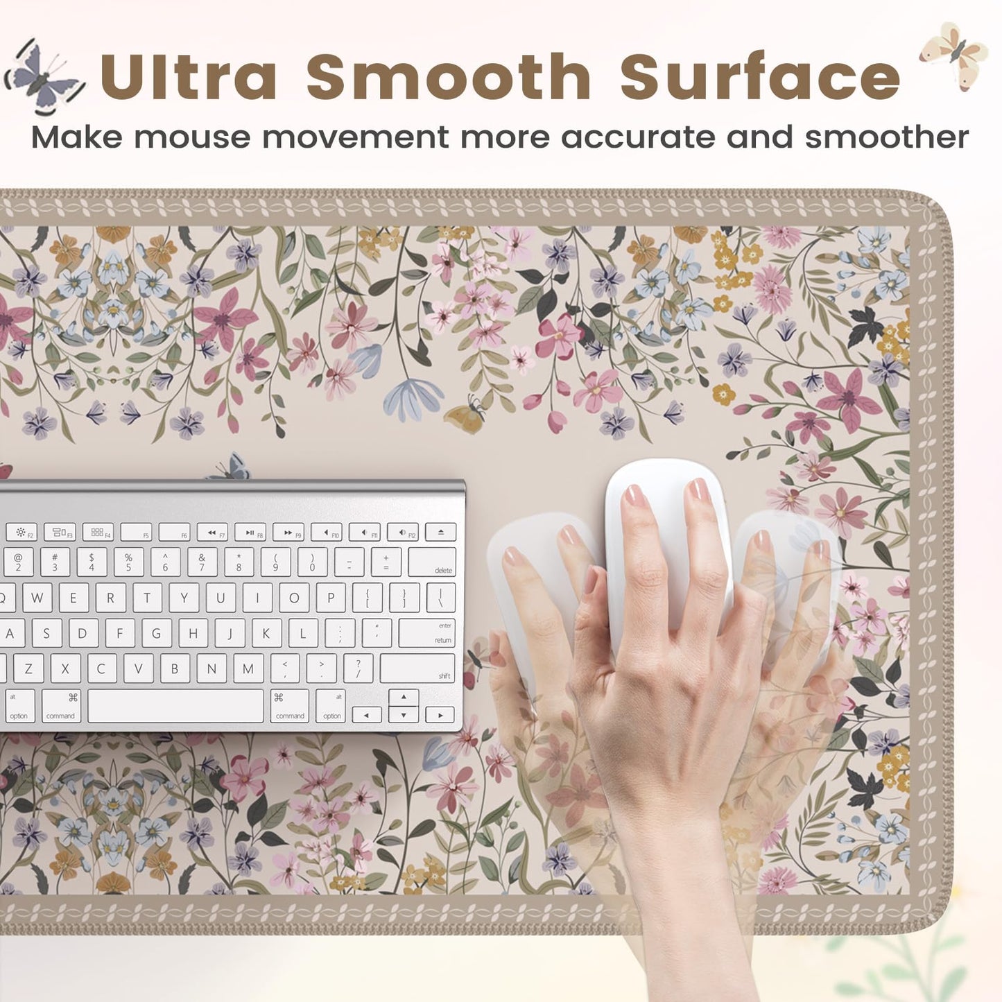 HAOCOO Beige Floral Desk Pad, Large Keyboard Mat Stitched Edge Surface