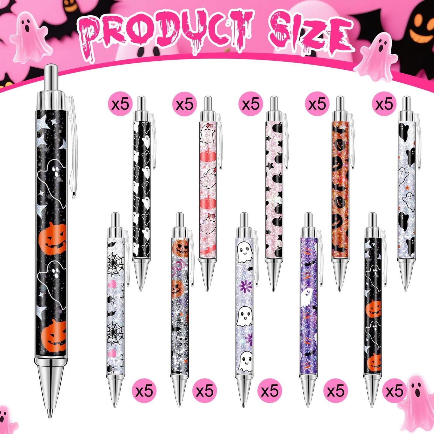 Motipuns 50 Pcs Halloween Pens Pink Ghost Ballpoint Bulk Holiday Gifts