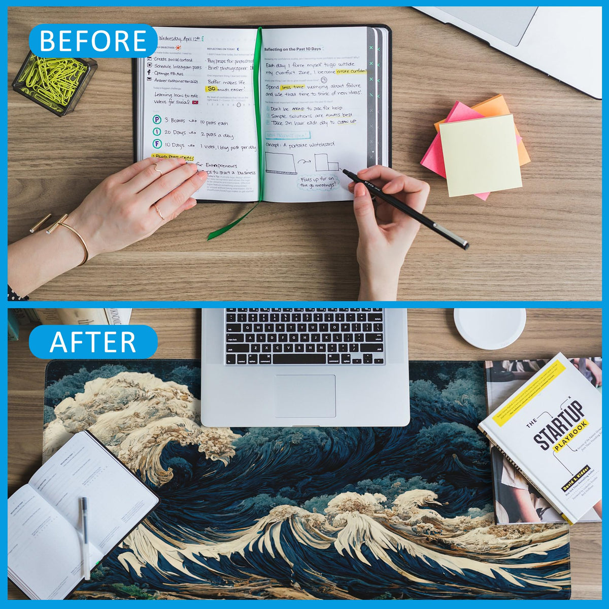 EOBKLAX Japanese Ocean Waves Large Gaming Mouse Pad,Waterproof Desk Mat for Desktop,Non-Slip Rubber