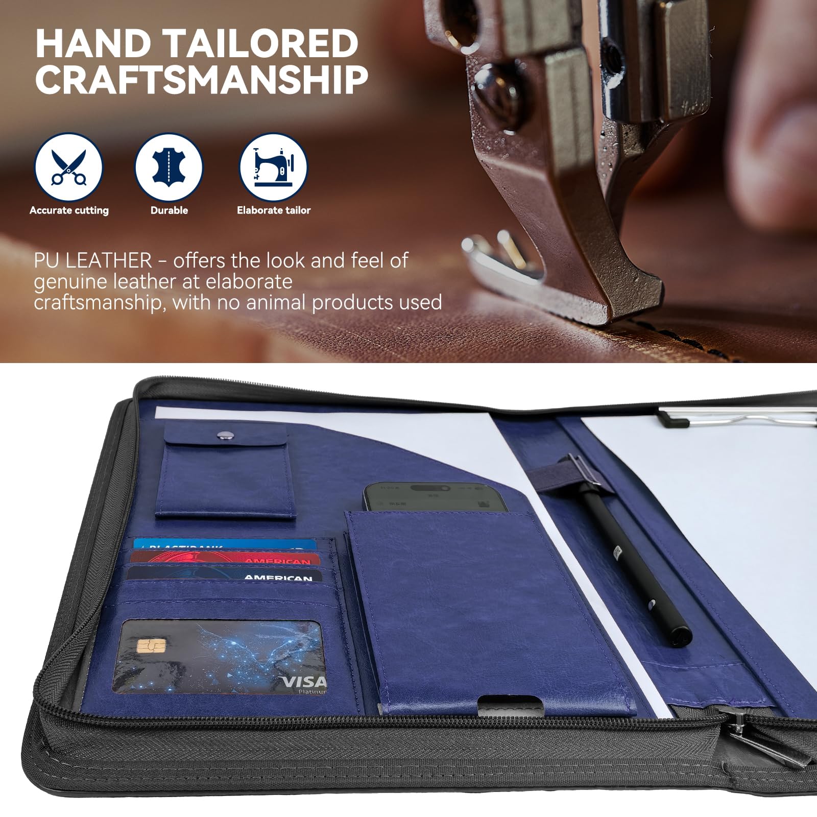 WRIYES Zippered Padfolio Organizer, Blue, 10.2 Inch Portfolio Folder