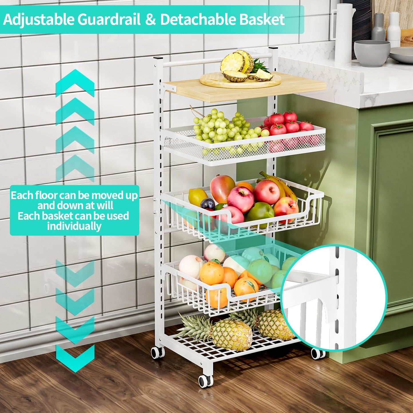 HapiRm Fruit Basket Kitchen Cart - 5 Tier Adjustable Vegetable Storage Rack, Large Capacity Rolling