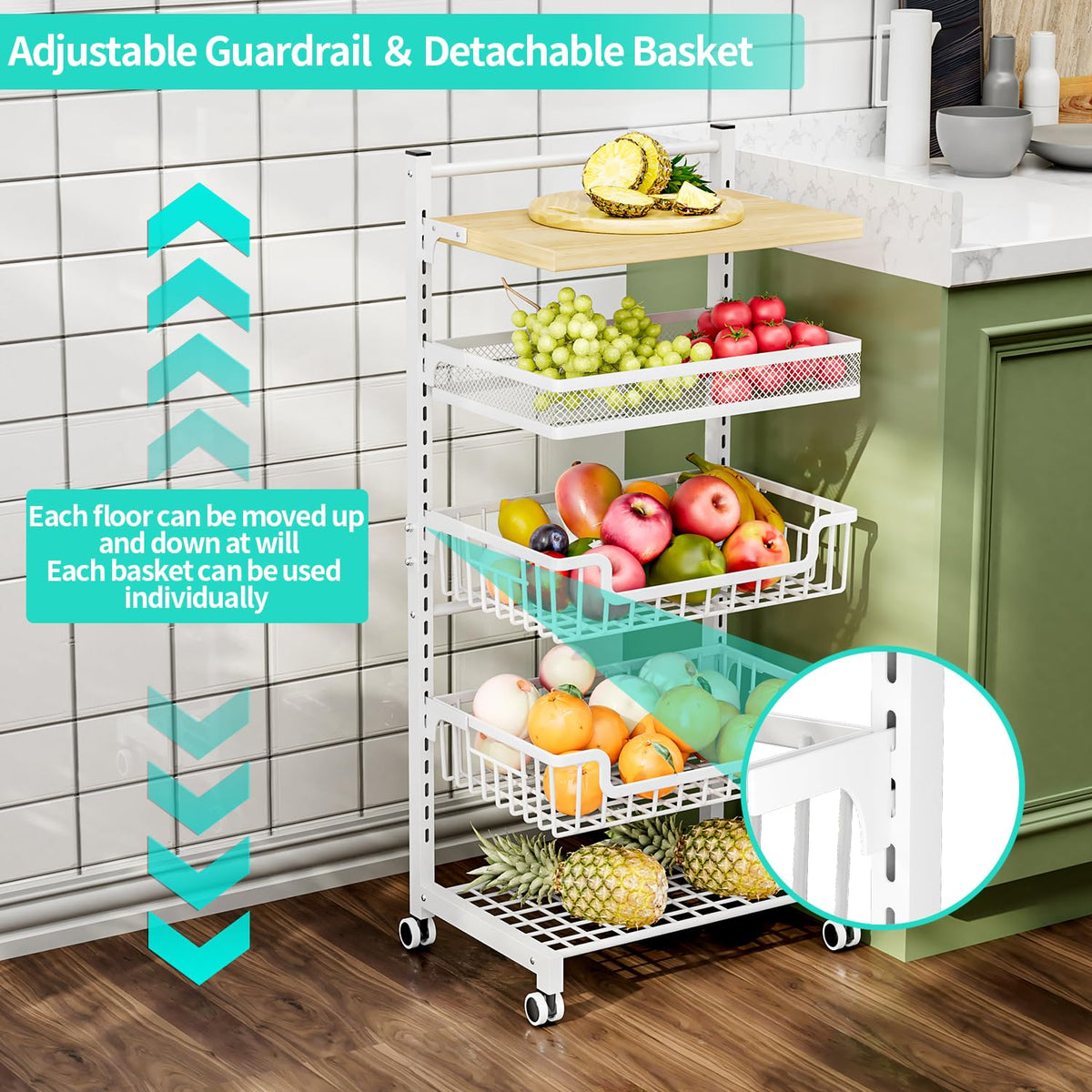 HapiRm Fruit Basket Kitchen Cart - 5 Tier Adjustable Vegetable Storage Rack, Large Capacity Rolling