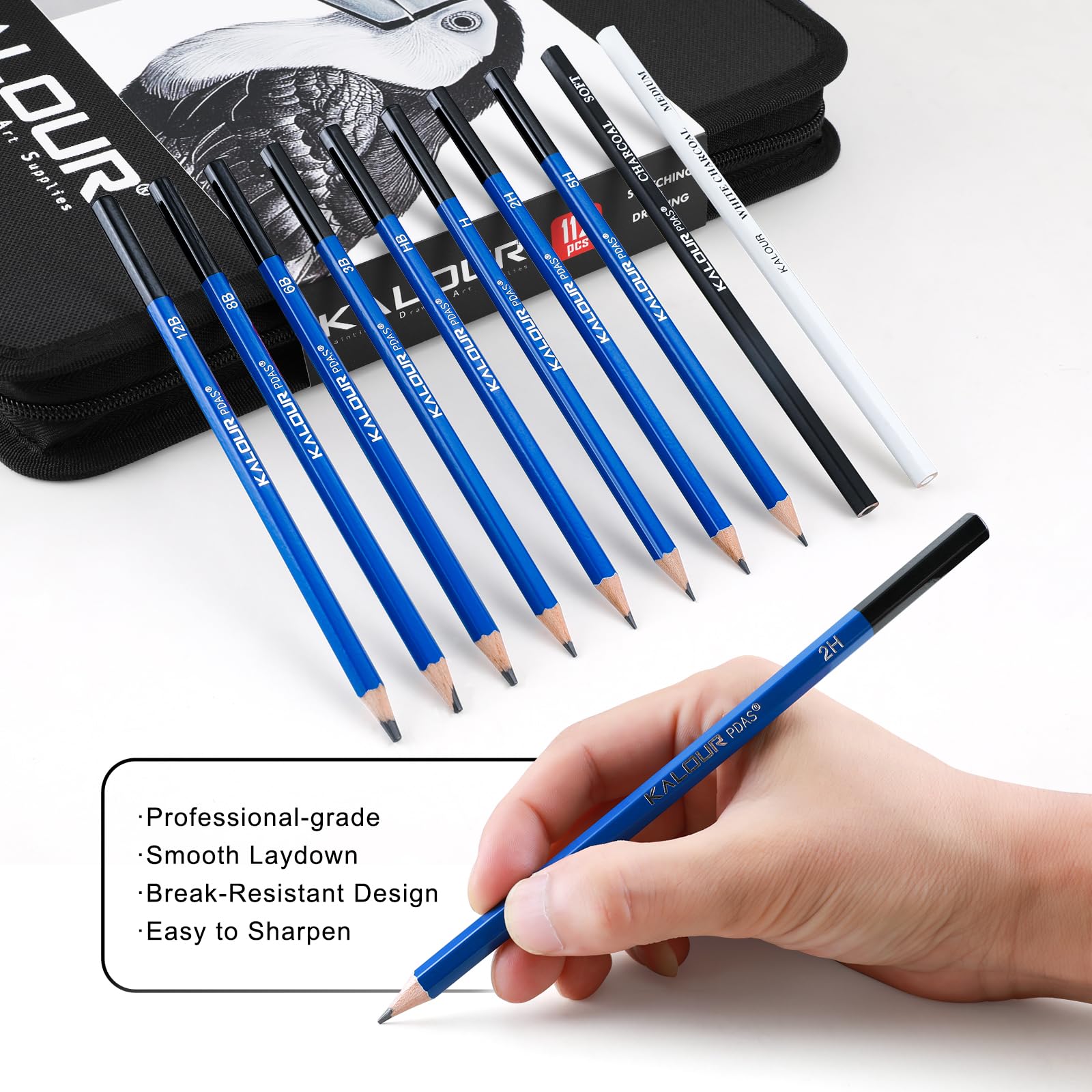 KALOUR PDAS 112 Drawing Set Sketch Kit, Pro Art Supplies with 3-Color Sketchbook, Graphite