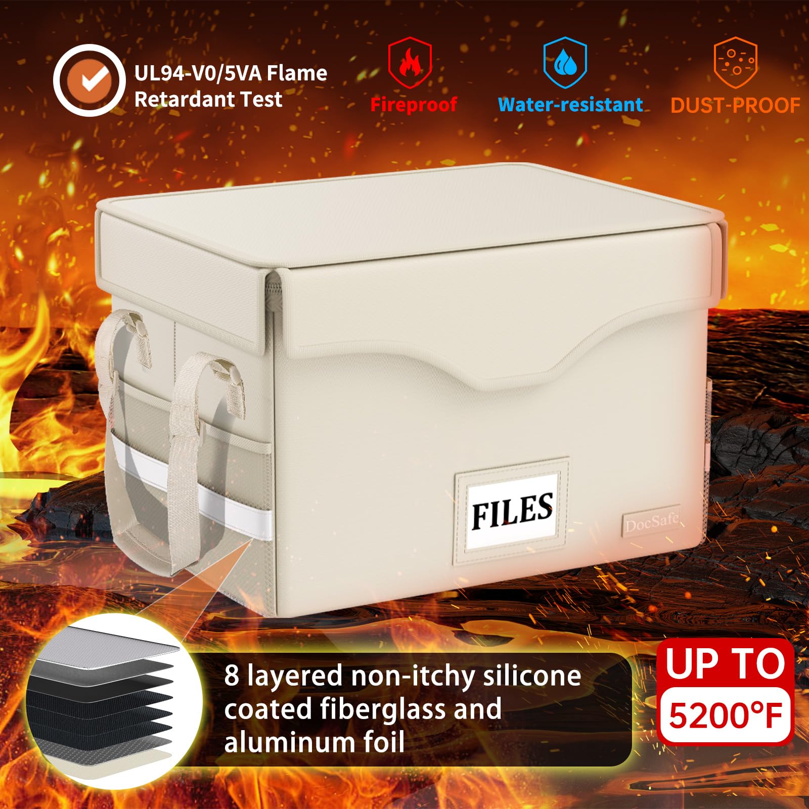 DocSafe 5200°F Fireproof Document Box with Lock,Heat Insulated File Organizer Storage with