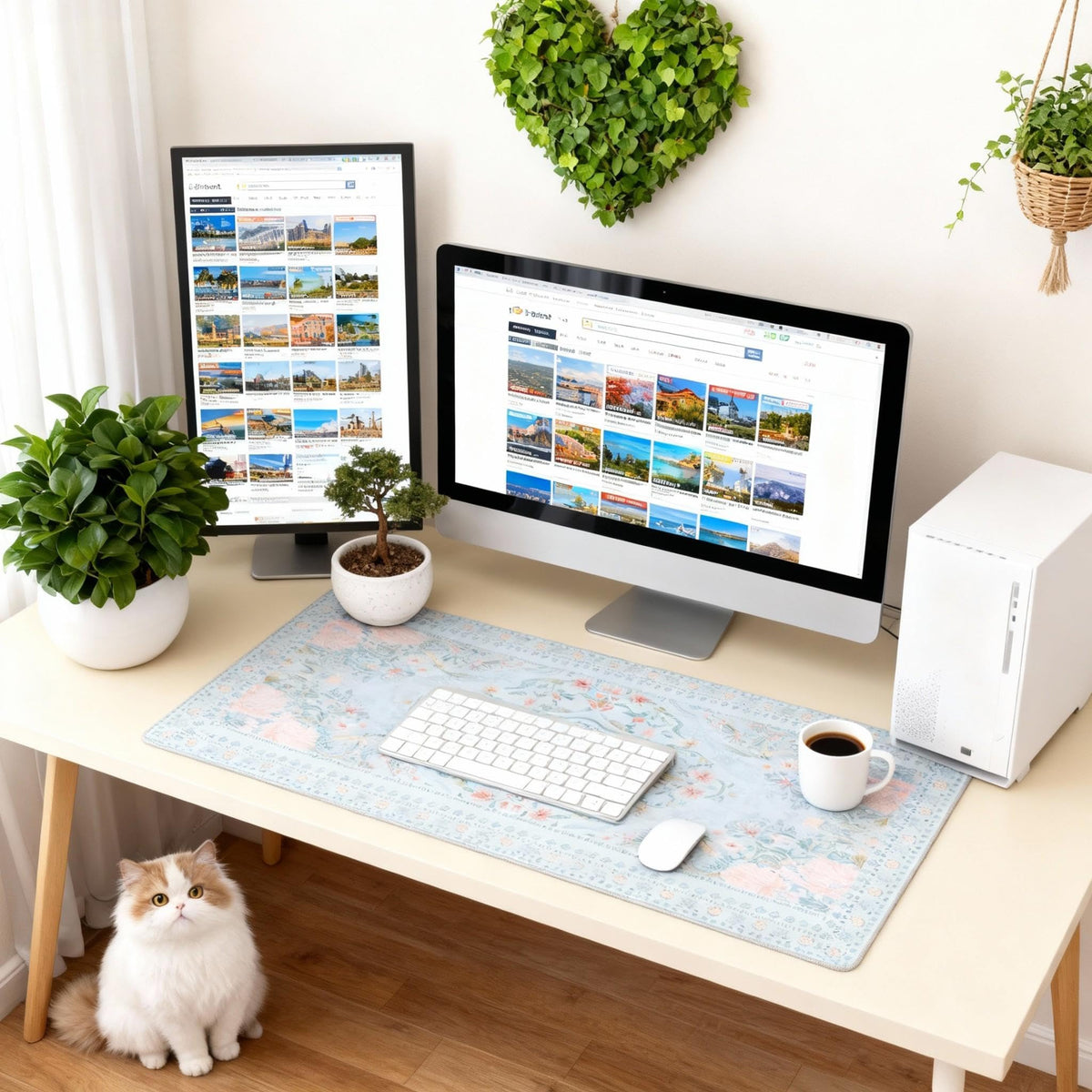 Giant Floral Desk Pad, Blue XXL Long Mouse Mat with Anti-Slip & Stitched Edge, Cute Office Decor