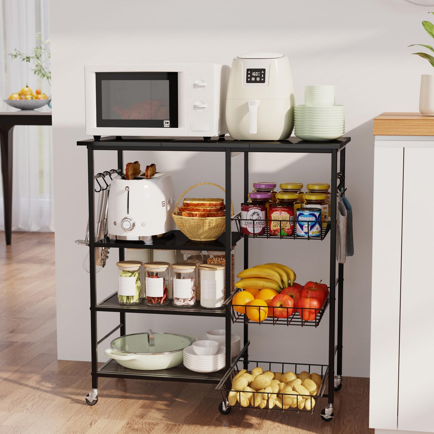 HapiRm Rolling Kitchen Microwave Cart - 4 Tier Microwave Table Stand with Pull-Out Baskets, Coffee