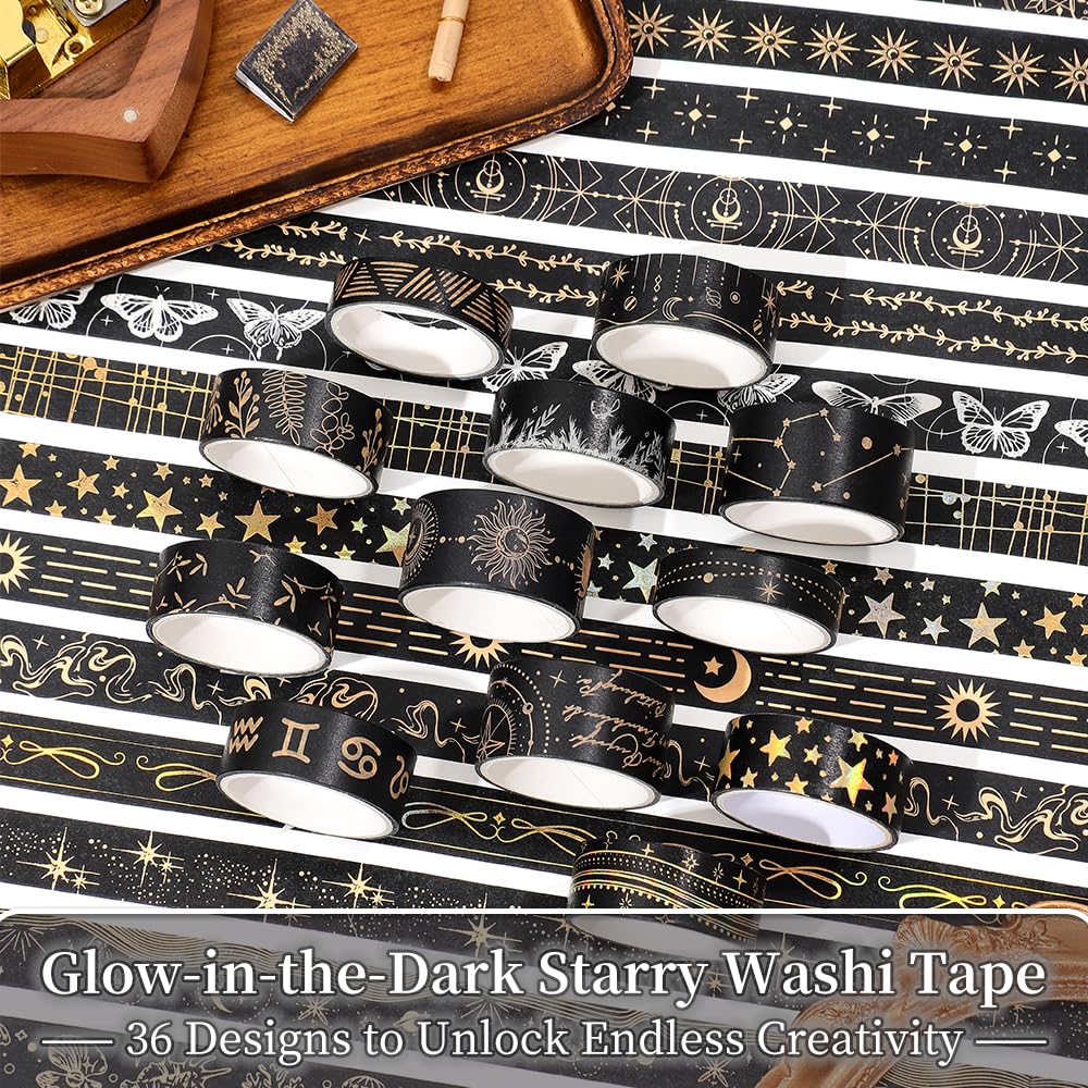 icceemee 36 Rolls Starry Theme Washi Tape Set with Celestial Patterns - Writeable Decorative Tapes