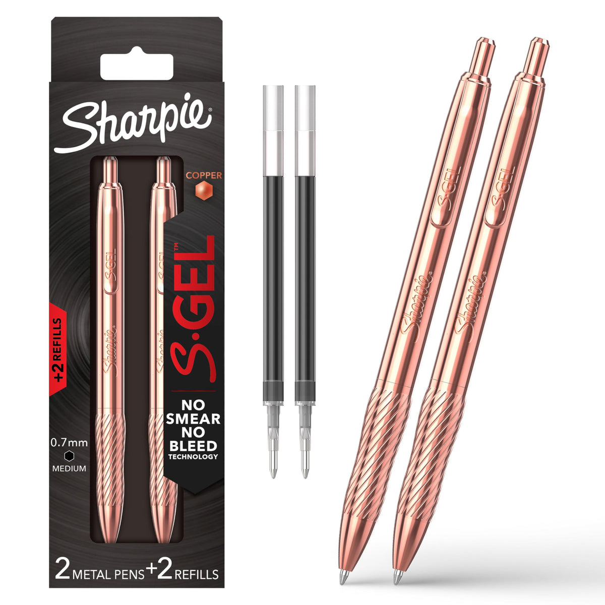 Sharpie S-Gel Pens, Copper Metal Body, Medium Point (0.7mm), Black Gel Ink, Includes 2 Pens and 2