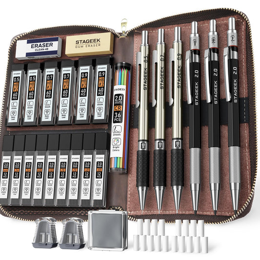 STAGEEK Mechanical Pencil Set with Leather Bag 30 Count, Drawing Pencils 0.5, 0.7, 0.9MM & 3PCS 2MM