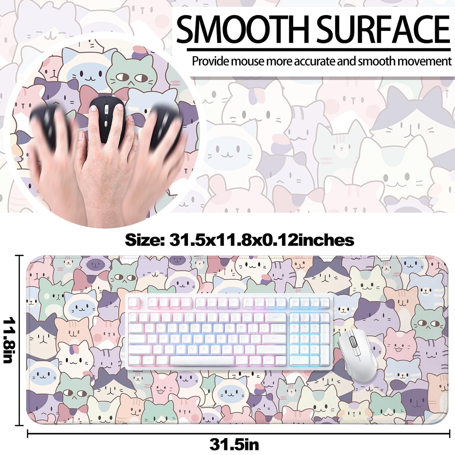 JIANG100 Cute Cat Gaming Desk Mat, Kawaii Pastel Extended Mouse Pad, Pink