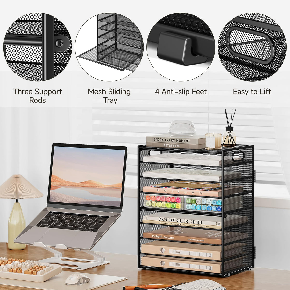 SUBEKYU 9 Tier Paper Organizer for Desk - Black Metal Mesh Letter Tray File Paper Sorter Organizer