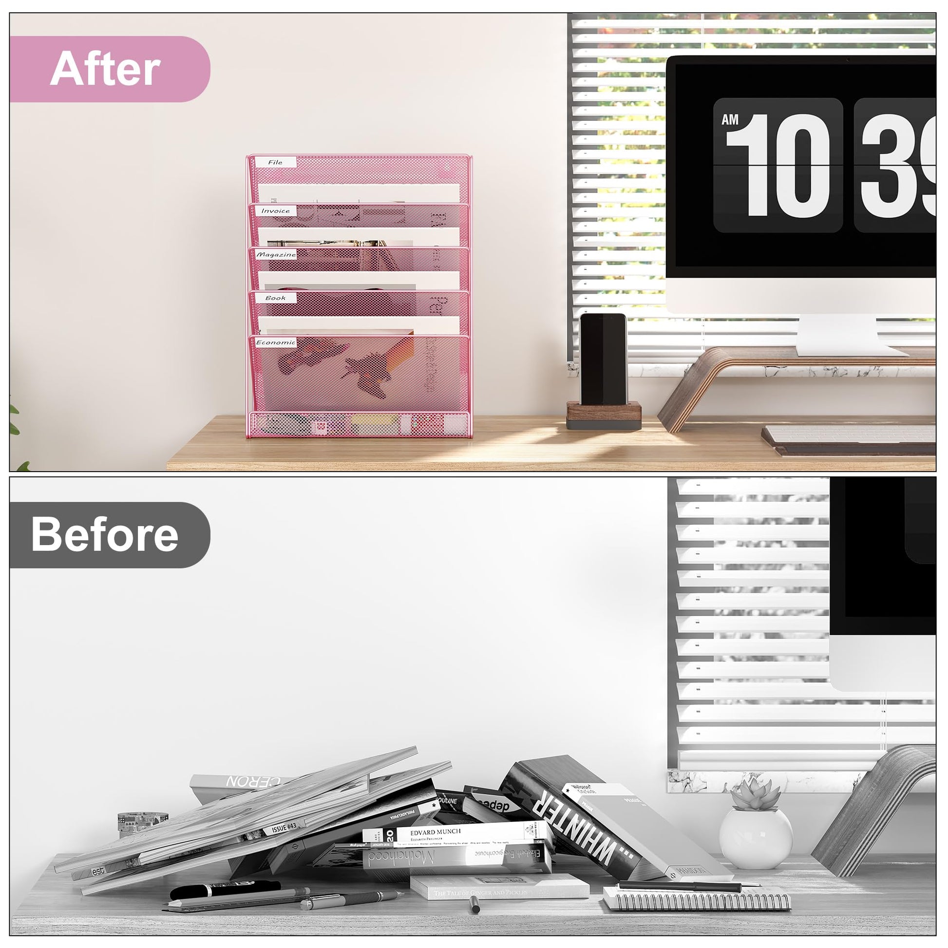 EasyPAG 5 Tier Wall File Holder, Mesh Hanging Folder Organizer with Classify Label, Versatile Desk