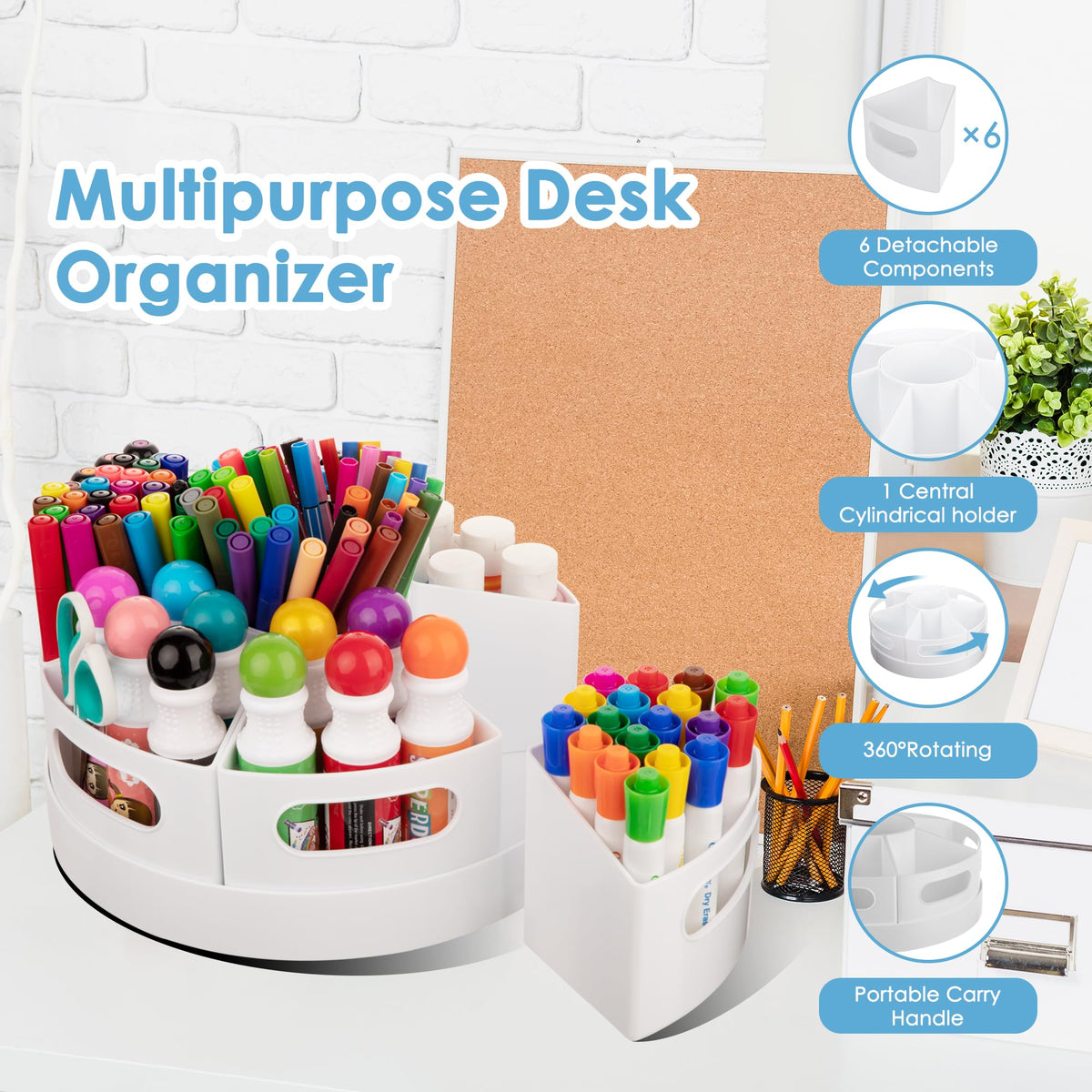 CraftGenes Rotating Art Supply Organizer, 7 Removable Compartments, White