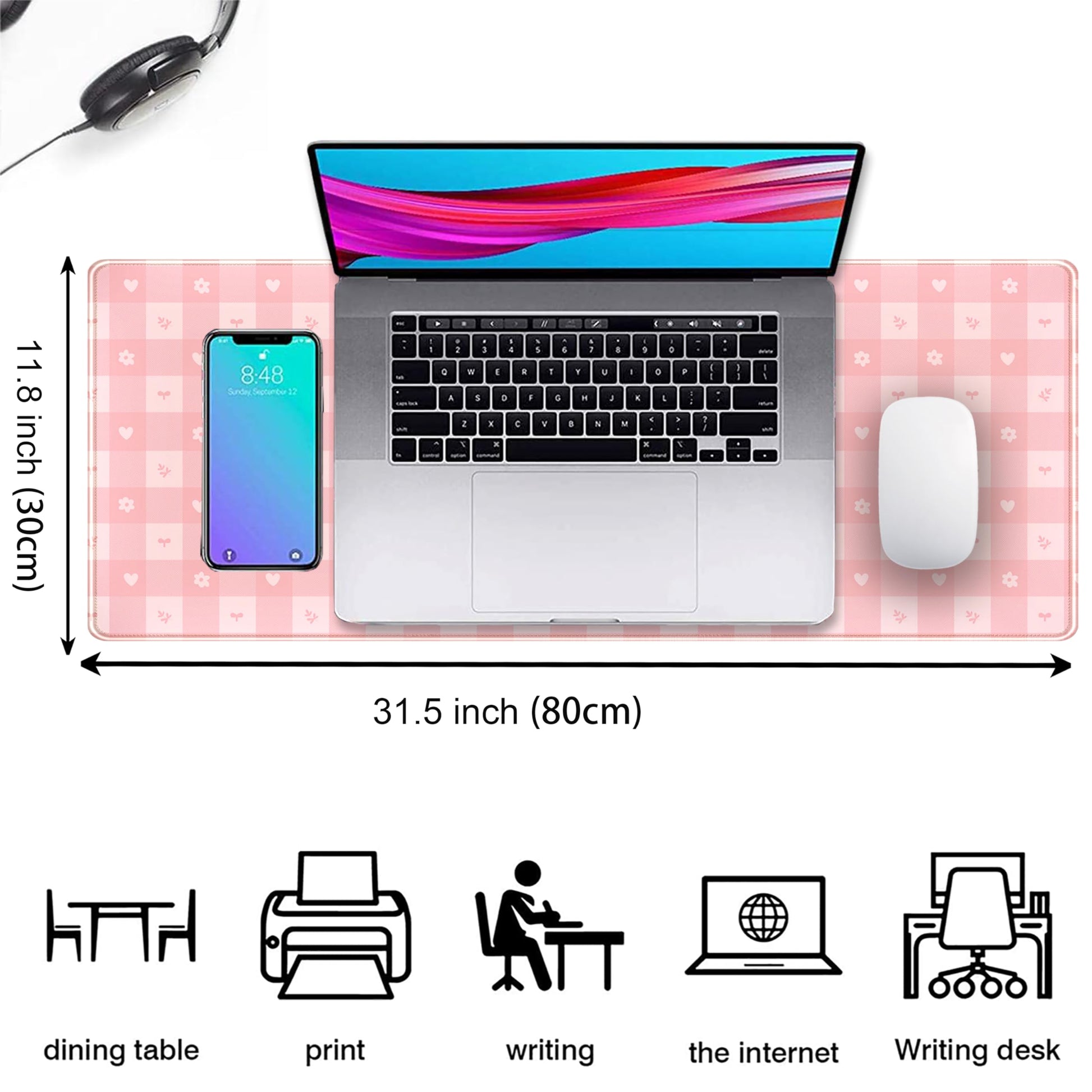 Pink Minimalist Gingham Floral Desk Mat Gaming Mouse Pad Large Cute Pastel Desk Pad Deskmat Kawaii