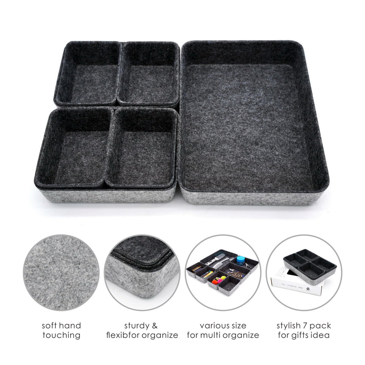 Welaxy 7pc Shallow Felt Desk Drawer Organizers Trays Charcoal Storage Bins
