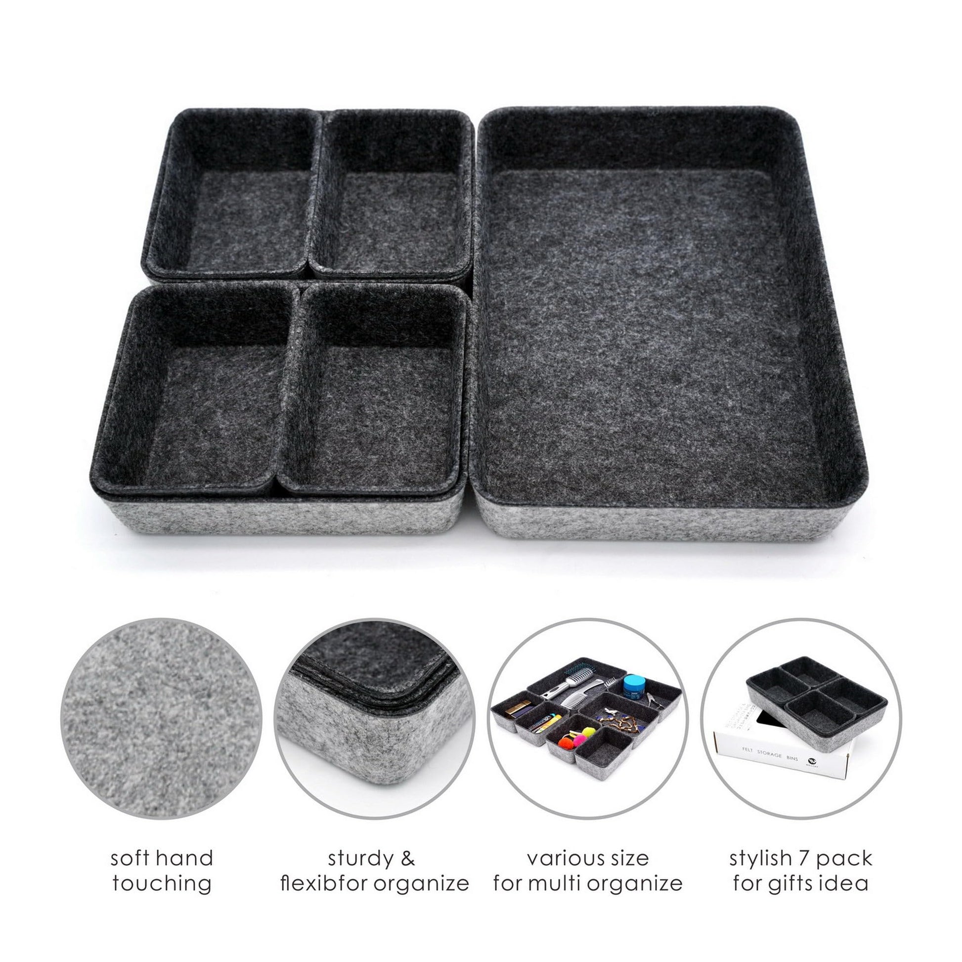 Welaxy 7pc Shallow Felt Desk Drawer Organizers Trays Charcoal Storage Bins