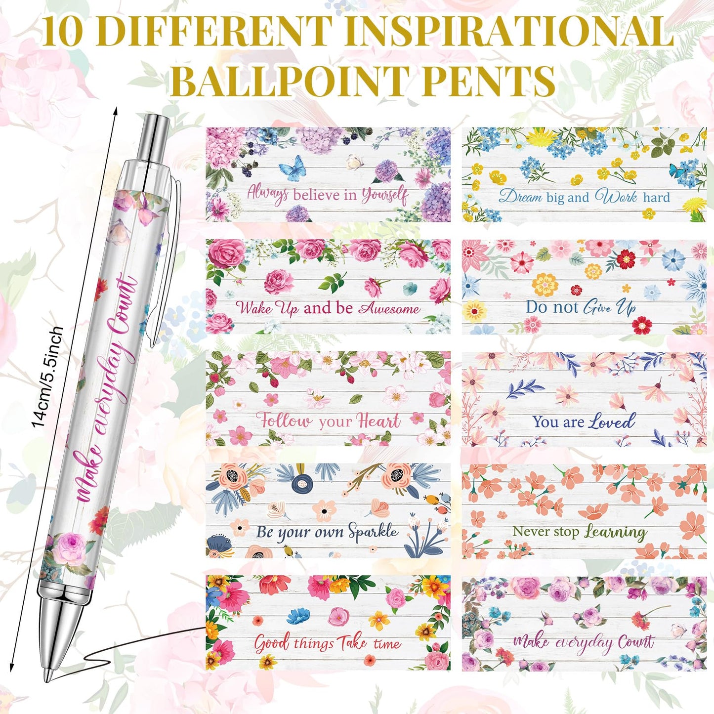 Yeaqee 50 Pcs Motivational Pens Bulk Inspirational Quotes,Floral Style