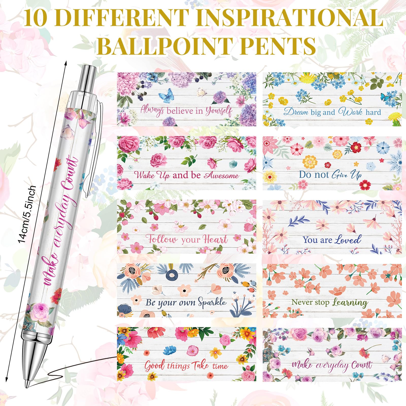 Yeaqee 50 Pcs Motivational Pens Bulk Inspirational Quotes,Floral Style