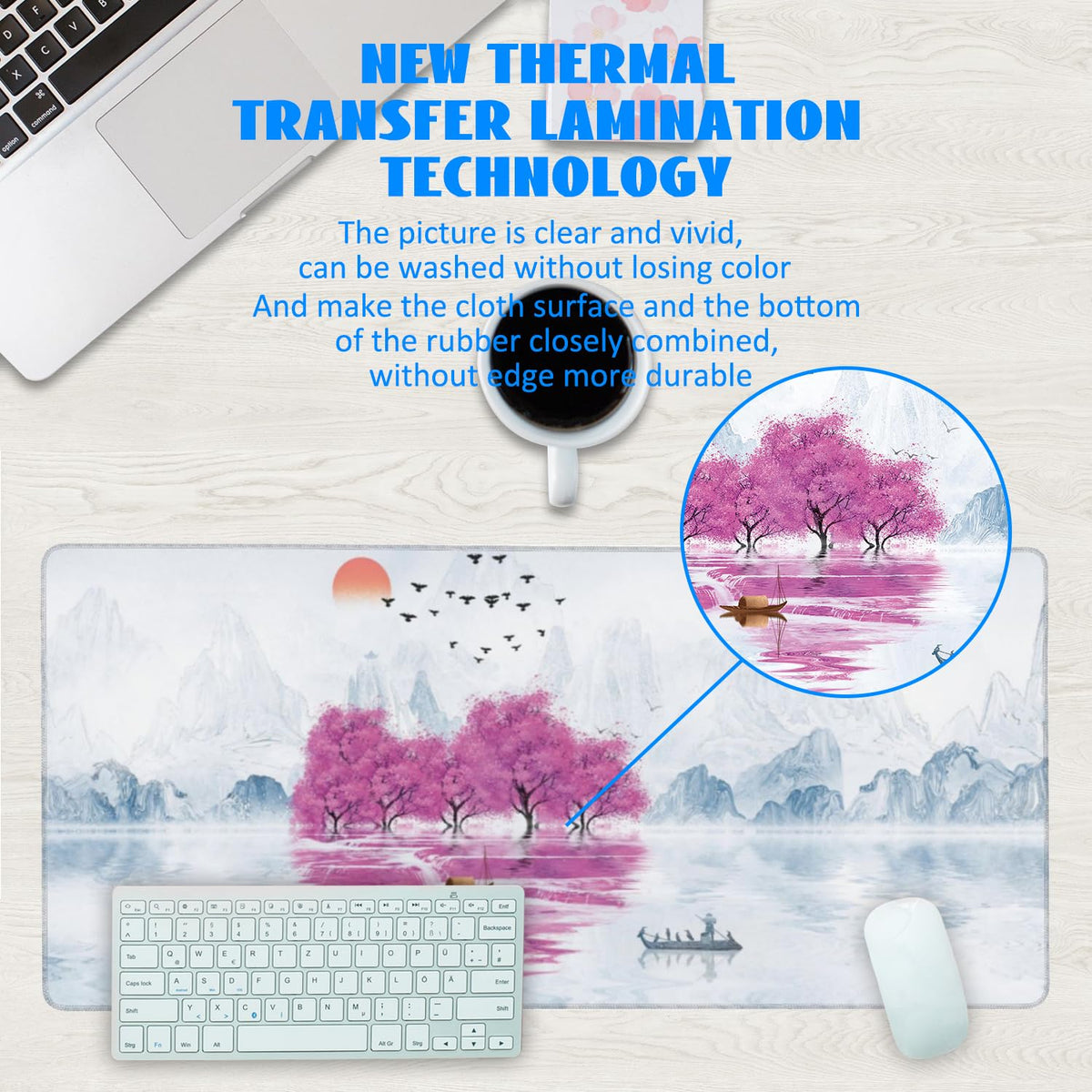 Desk Mat, Cherry Blossom Tree Oil Ink Painting Extended Gaming Mouse Pad Large, 35.4"x15.7" Big