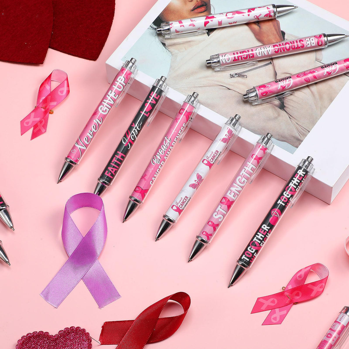 Cholemy 48 Pcs Breast Cancer Awareness Pens Bulk Pink Ribbon Ballpoint Pens