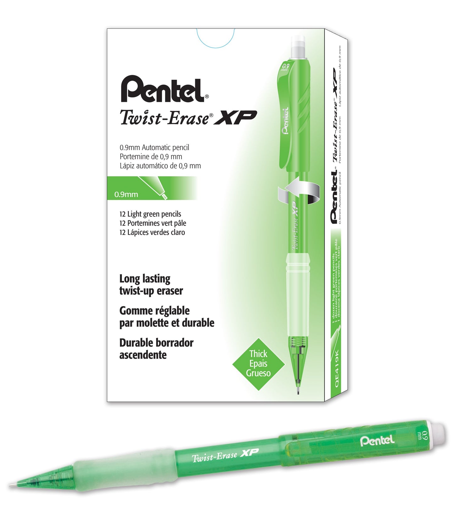 Pentel Twist-Erase Express Mechanical Pencil (0.9mm) Fashion Color, Light Green Barrel, Box of 12
