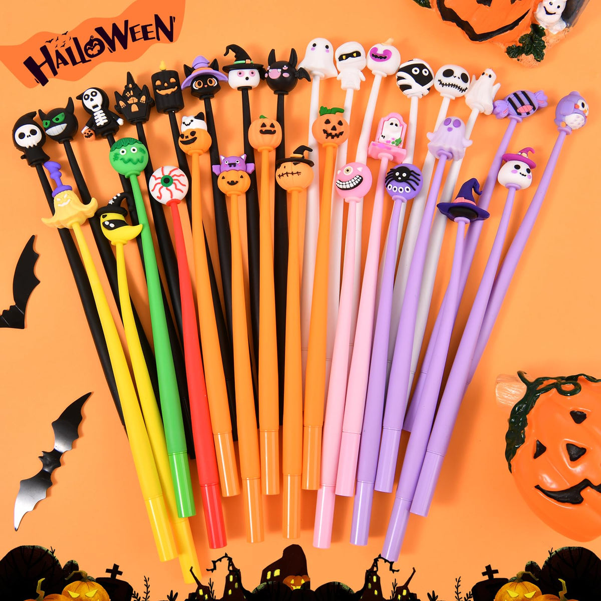 SANNIX 50PCS Halloween Cartoon Squishy Pens, Funny Pumpkin Ghost Skull Bat