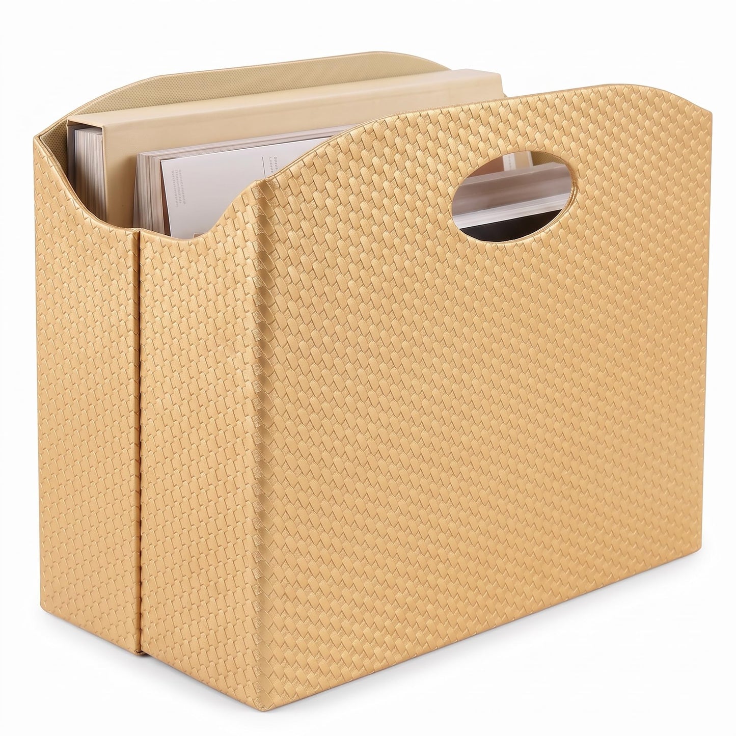 BLU MONACO | Gold Magazine Holder | Woven PVC Leather Organizer with MDF Frame | Floor or Table