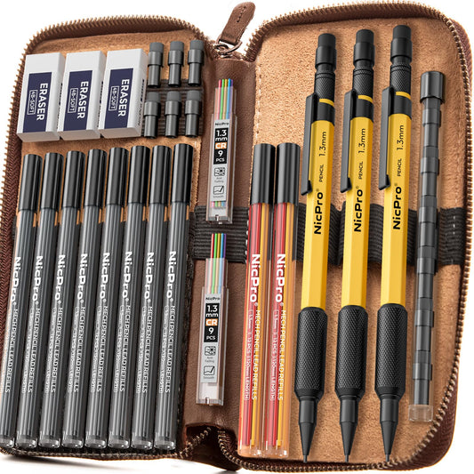 Nicpro 21PCS 1.3 mm Mechanical Pencil Set in Leathercase with 138 Lead