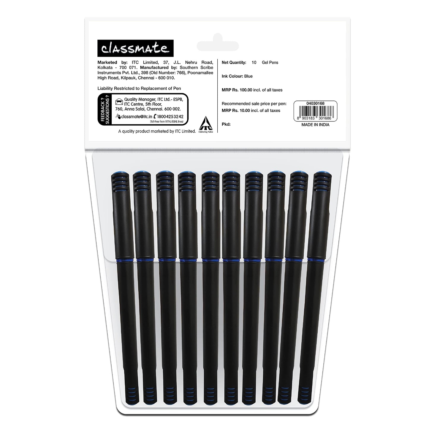 Classmate Octane- Blue Gel Pens (Pack of 10)|Smooth Writing Pens|Water-proof ink for smudge-free