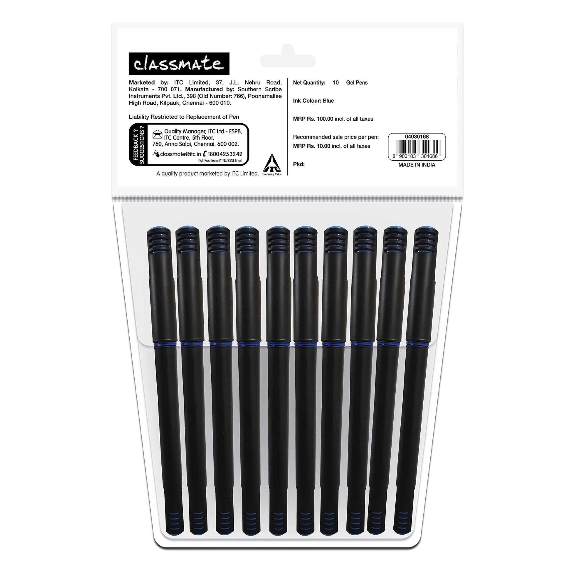 Classmate Octane- Blue Gel Pens (Pack of 10)|Smooth Writing Pens|Water-proof ink for smudge-free