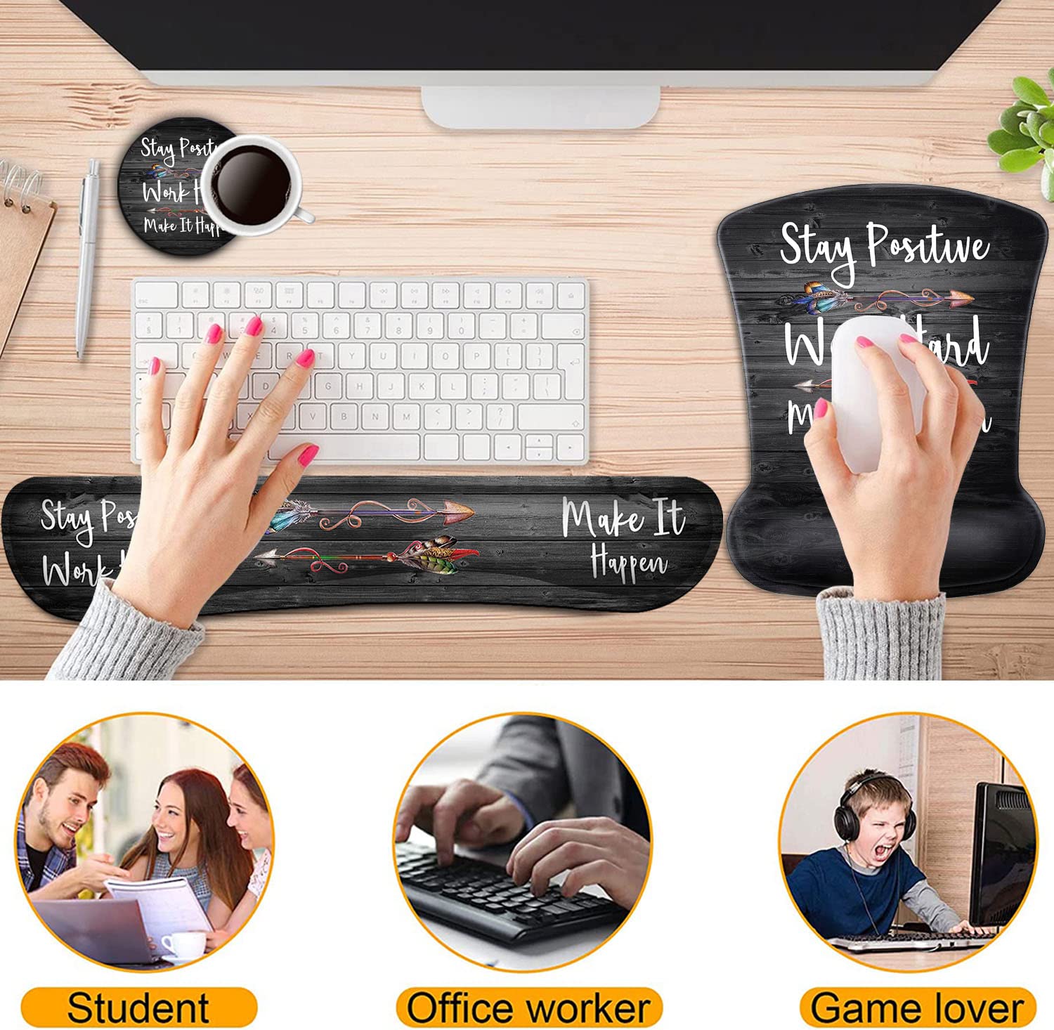 Keyboard Wrist Rest and Mouse Pad Wrist Support Set,Stay Positive Work Hard and Make It Happen