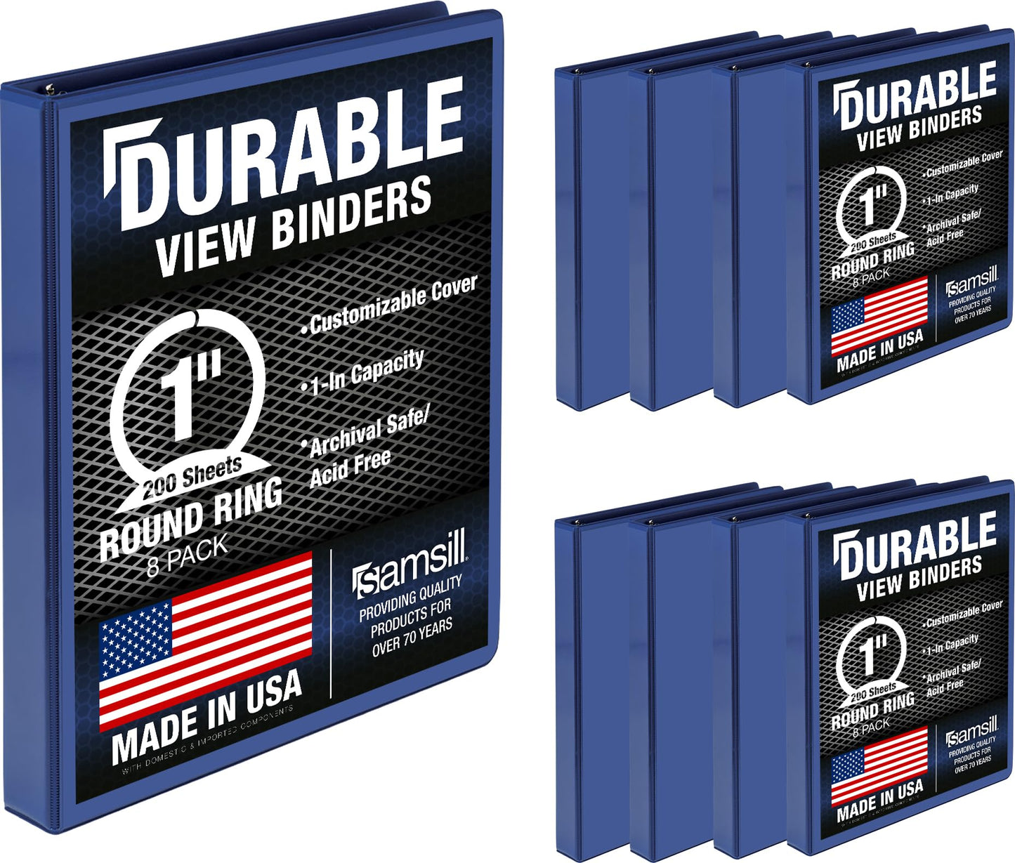 Samsill Durable 1 Inch Binder, Round Ring Customizable Clear View Binder, Blue, 8 Pack (MP88432)