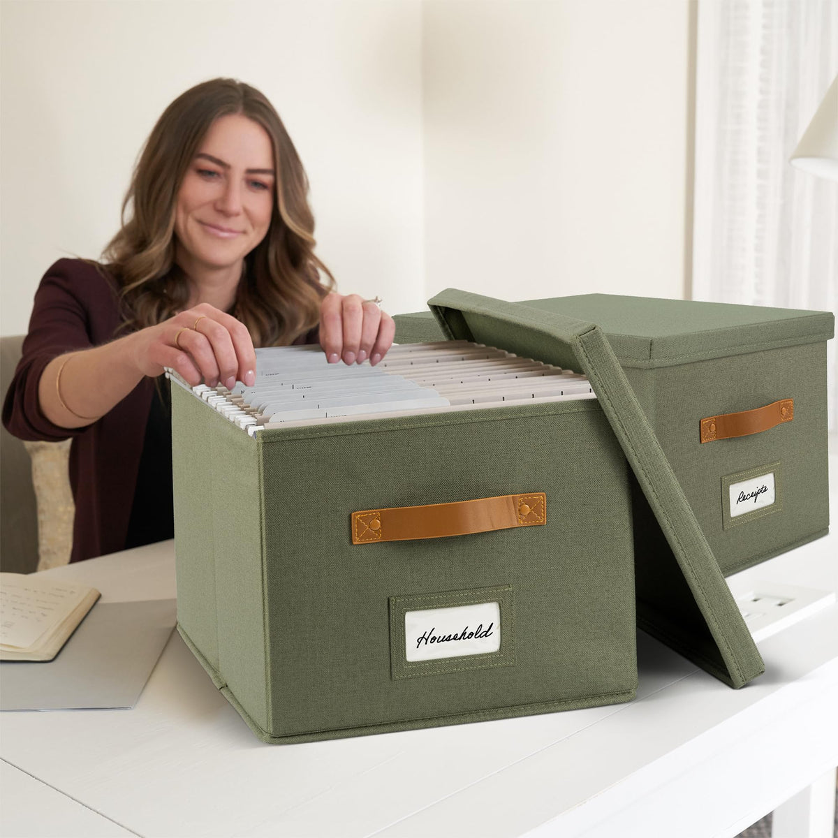 Decorative File Organizer Box Set of 2 - Collapsible Linen Filing Cabinets