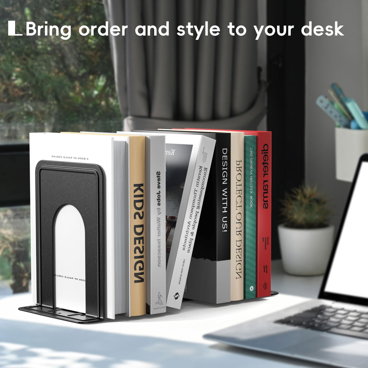 Optomni Metal Bookends for Shelves, 4 Pairs, Heavy Duty Book Ends, Black