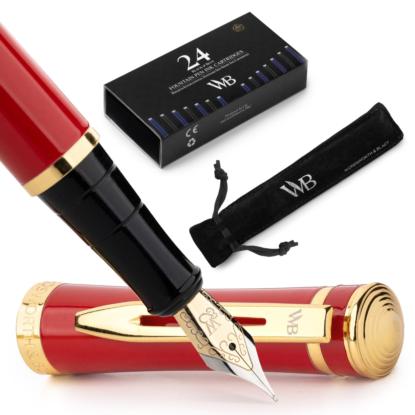 Wordsworth & Black Luxury Fountain Pen Set for Writing, Medium Nib, Red