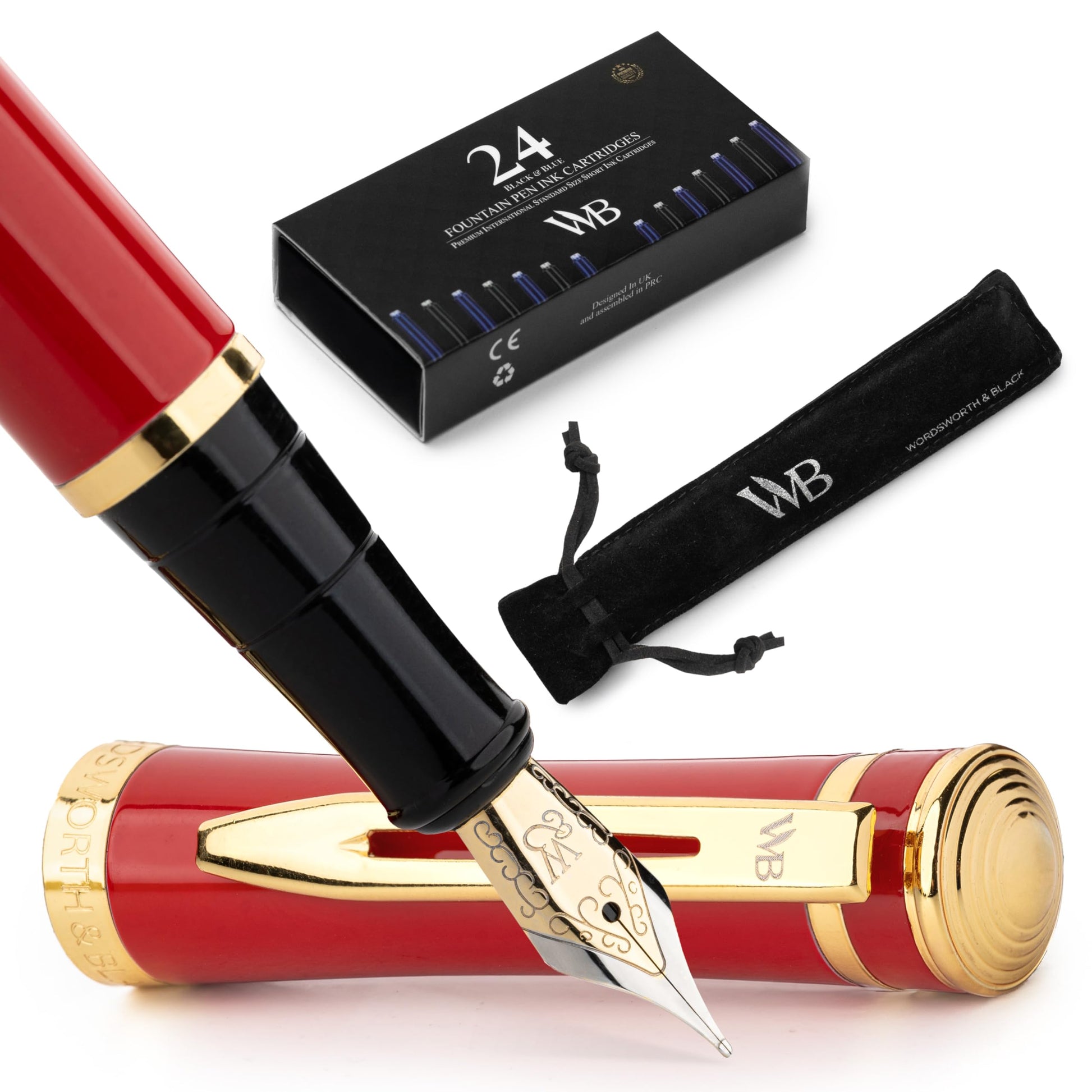 Wordsworth & Black Luxury Fountain Pen Set for Writing, Medium Nib, Red