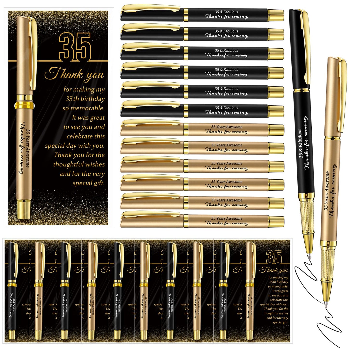 Feifeiya 30 Set 35th Birthday Favors with Black Gold Pens Cards