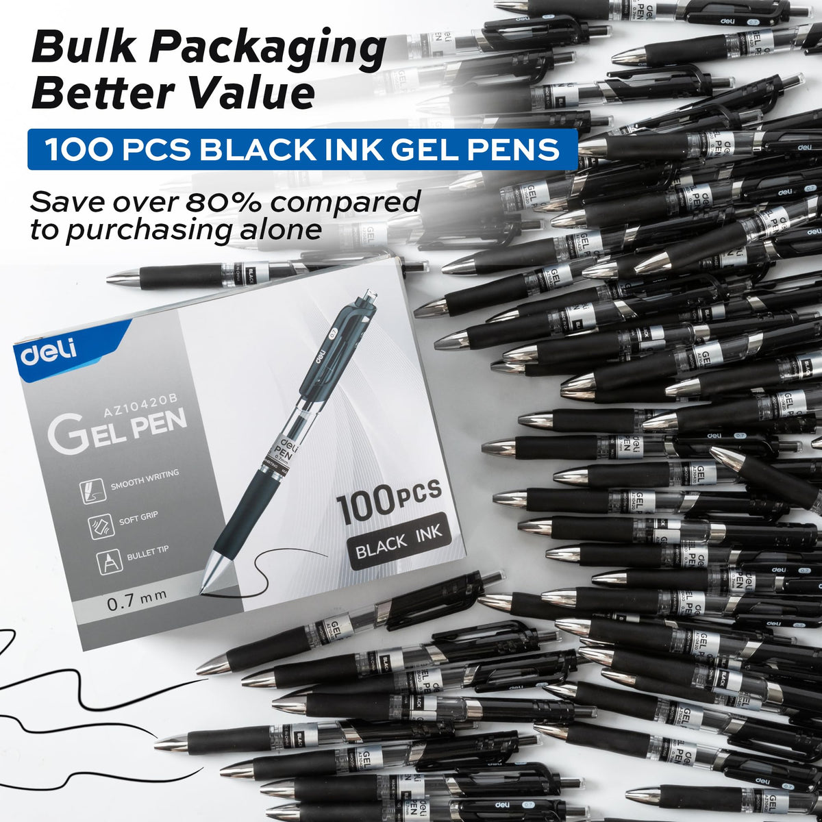 deli Gel Pens, 100 Pcs Retractable Pens Black Ink, Medium Point Pen 0.7mm