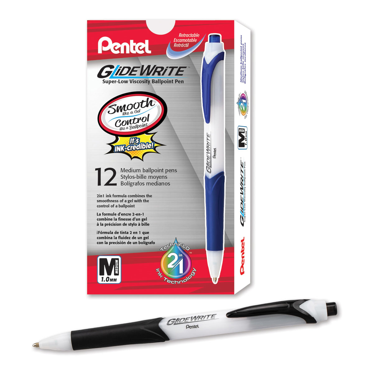 Pentel GlideWrite Ballpoint Pen with TechnIFlo Ink, (1.0mm) Medium Line, Black, Box of 12 (BX910-A)