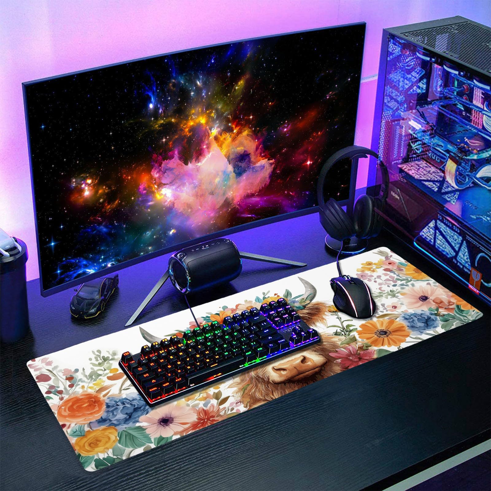 Aesthetic Highland Cow Gaming Mouse Pad XL Cow Print Blue Orange Floral Extended Large Mat Mousepad