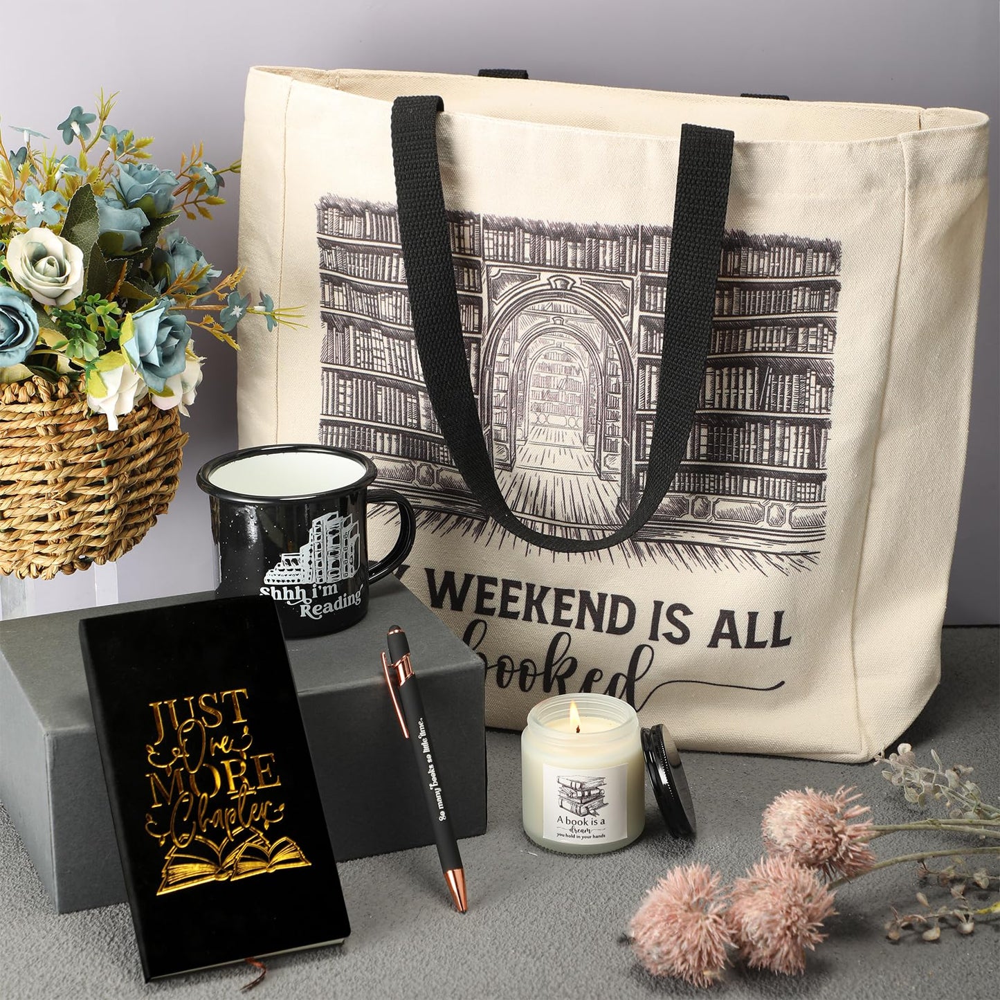 Jetec 5 Piece Book Lovers Set, Canvas Tote Bag Notebook, Candle, Black