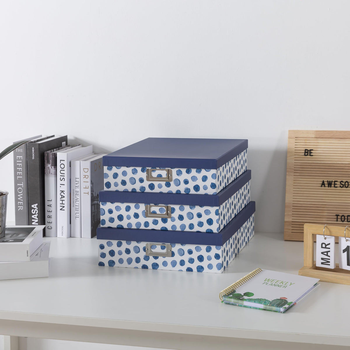 Soul & Lane - Decorative Storage Boxes with Lids, Set of 3, Blue Spots