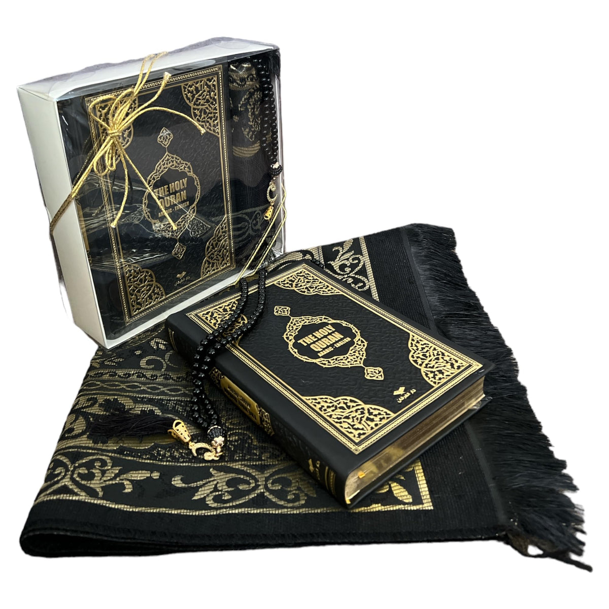 English Translate Thermo Leather Covered Quran, Tafta Prayer Mat and Beads Set |Quran