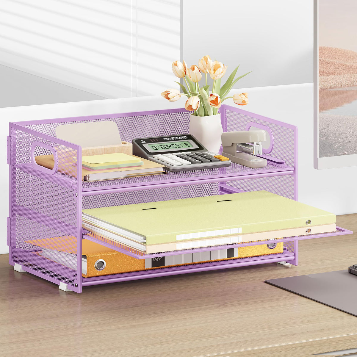 Subekyu 3 Tier Letter Tray Paper Organizer with Handle and 1 PC Sliding Tray, Purple Metal Mesh