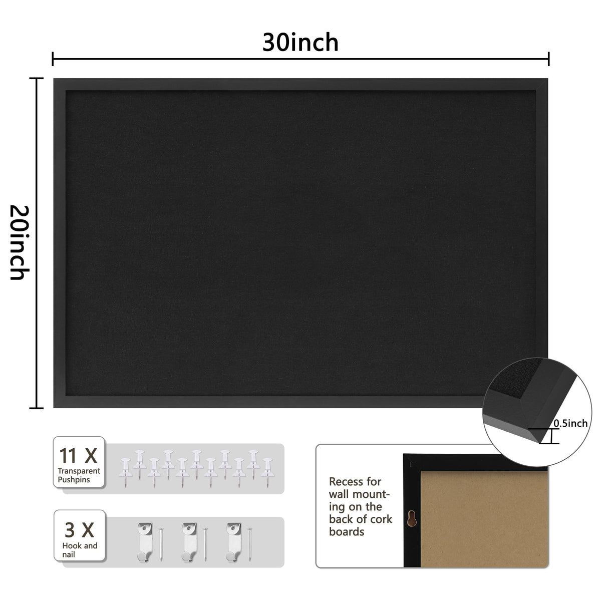 DAHAPYBOO Cork Board with Linen Black,Bulletin Board 30"x20"