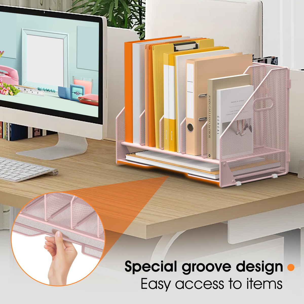 OrgMate 5 Vertical Mesh Desk Organizer with Paper Letter Tray, Pink